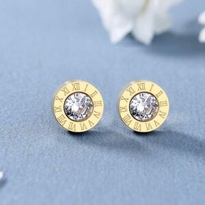 NWT Elegant Gold Roman Numeral Stud Stainless Steel Earrings